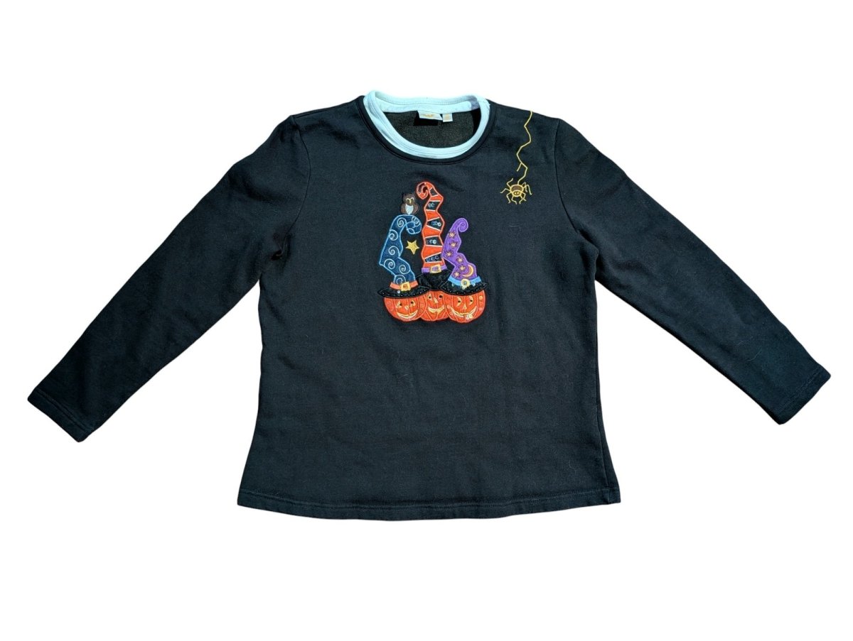 Y2K Style Black Sweater – Pumpkins in Witch Hats - Long Sleeve T-Shirt - ThrowbackBuys - Shiznit
