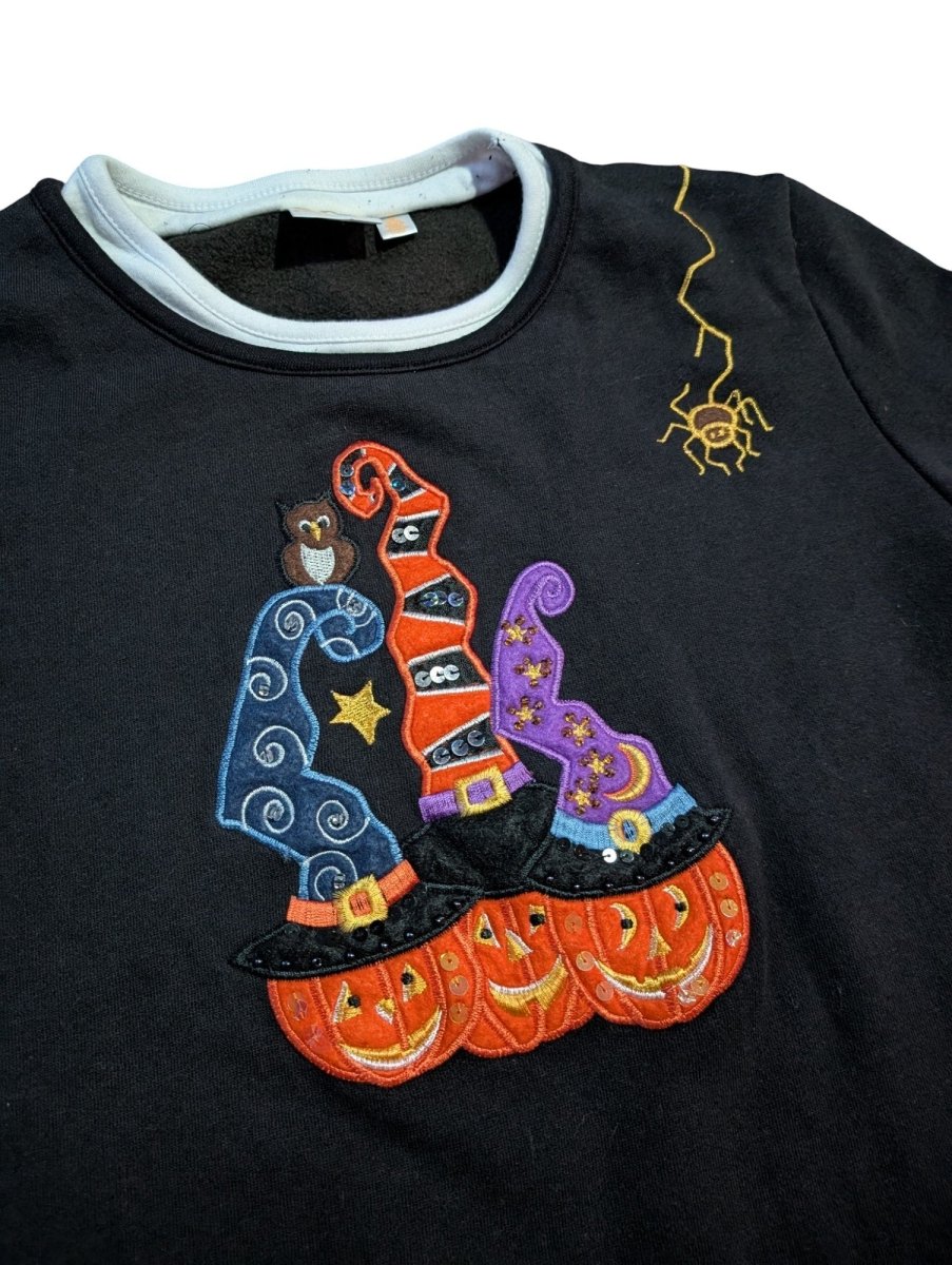 Y2K Style Black Sweater – Pumpkins in Witch Hats - Long Sleeve T-Shirt - ThrowbackBuys - Shiznit